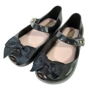 Mini Melissa UltraGel Bow Flats Black Mary Jane Dress Shoes Girls 7 Performance